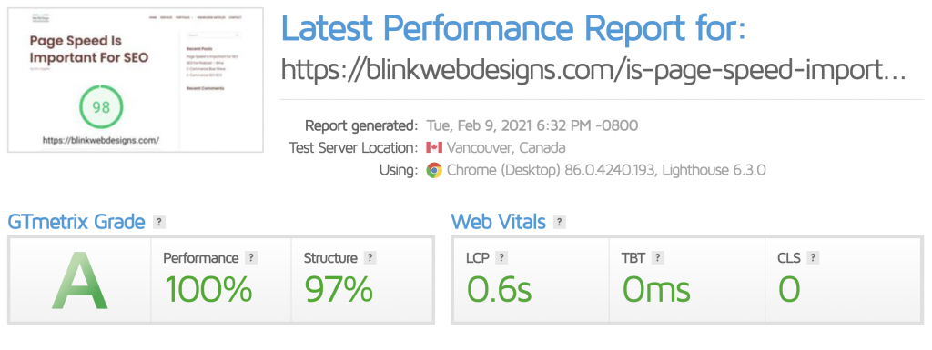 page speed performance report from GTmetrix about this page as an example of high performance for high page speed and seo rankings